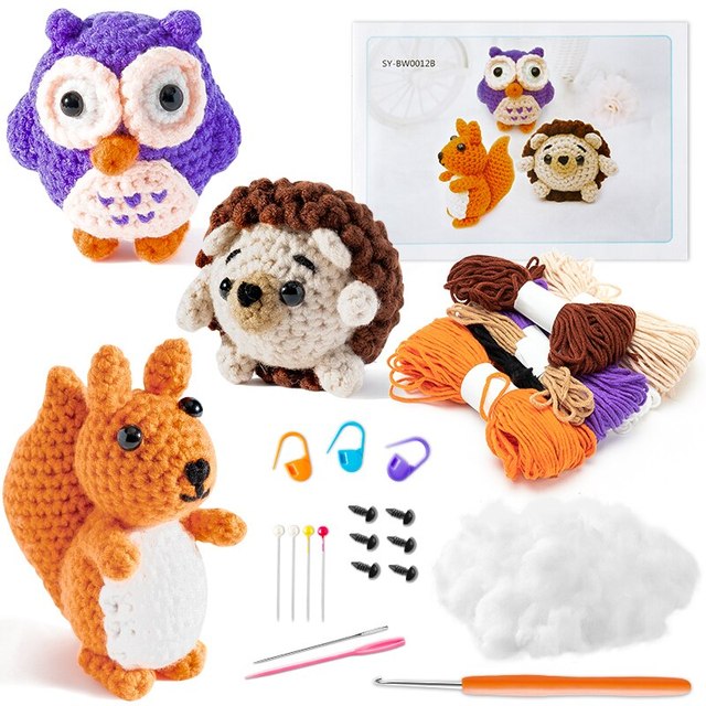 Beginner Crochet Kit for Kids Owl Hedgehog Squirrel Cotton Crochet